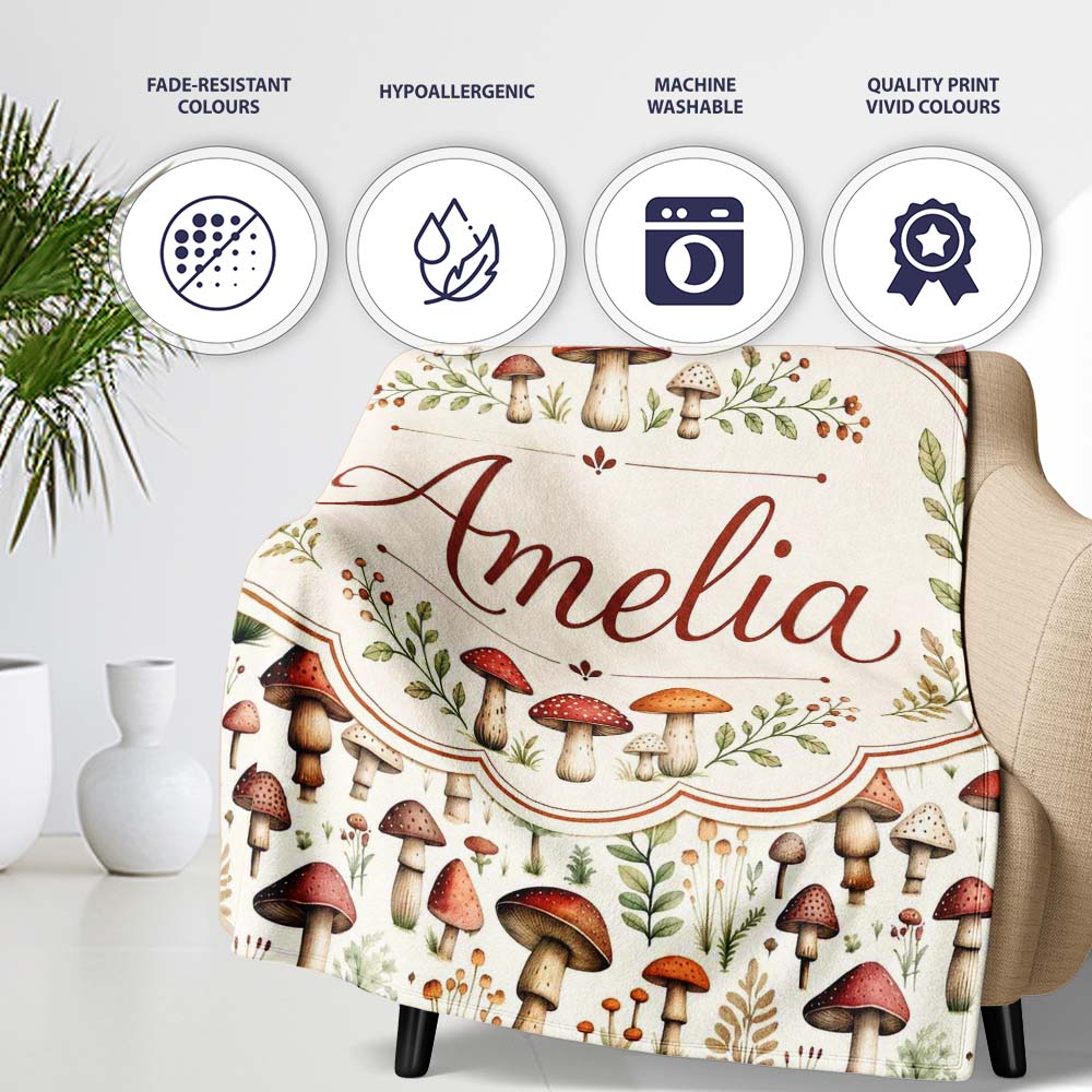 Autumn Woodland Mushroom Leaves Botanical Seamless Pattern Name Cute  Personalised Custom Name Super Soft Fleece Blanket Bed Sofa Throw