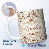 Personalized Custom Name Autumn Woodland Mushroom Leaves Botanical Seamless Pattern Name Cute 11oz Ceramic Coffee Tea Mug White Large Handle