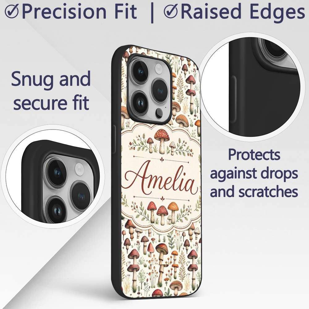 Autumn Woodland Mushroom Leaves Printed Design Custom Name Protective Phone Case Mobile Cover Durable Everyday Smartphone Shock Resistant