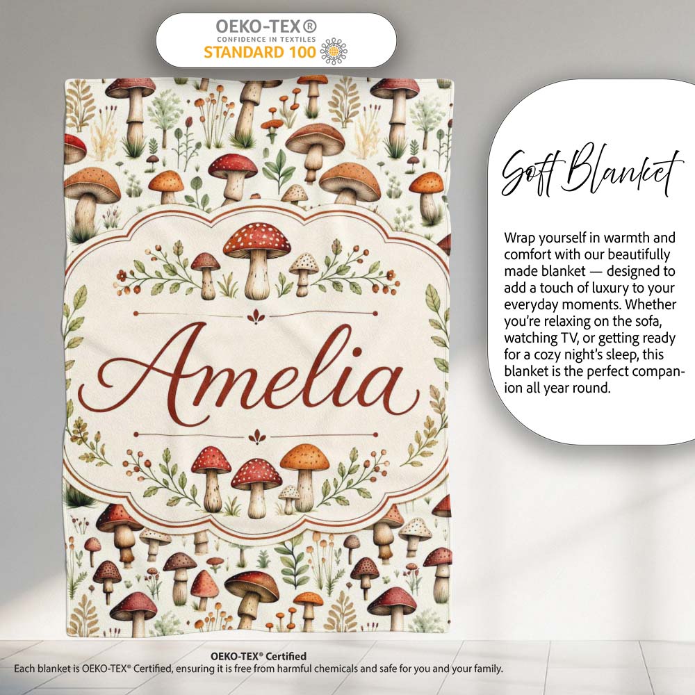 Autumn Woodland Mushroom Leaves Botanical Seamless Pattern Name Cute  Personalised Custom Name Super Soft Fleece Blanket Bed Sofa Throw