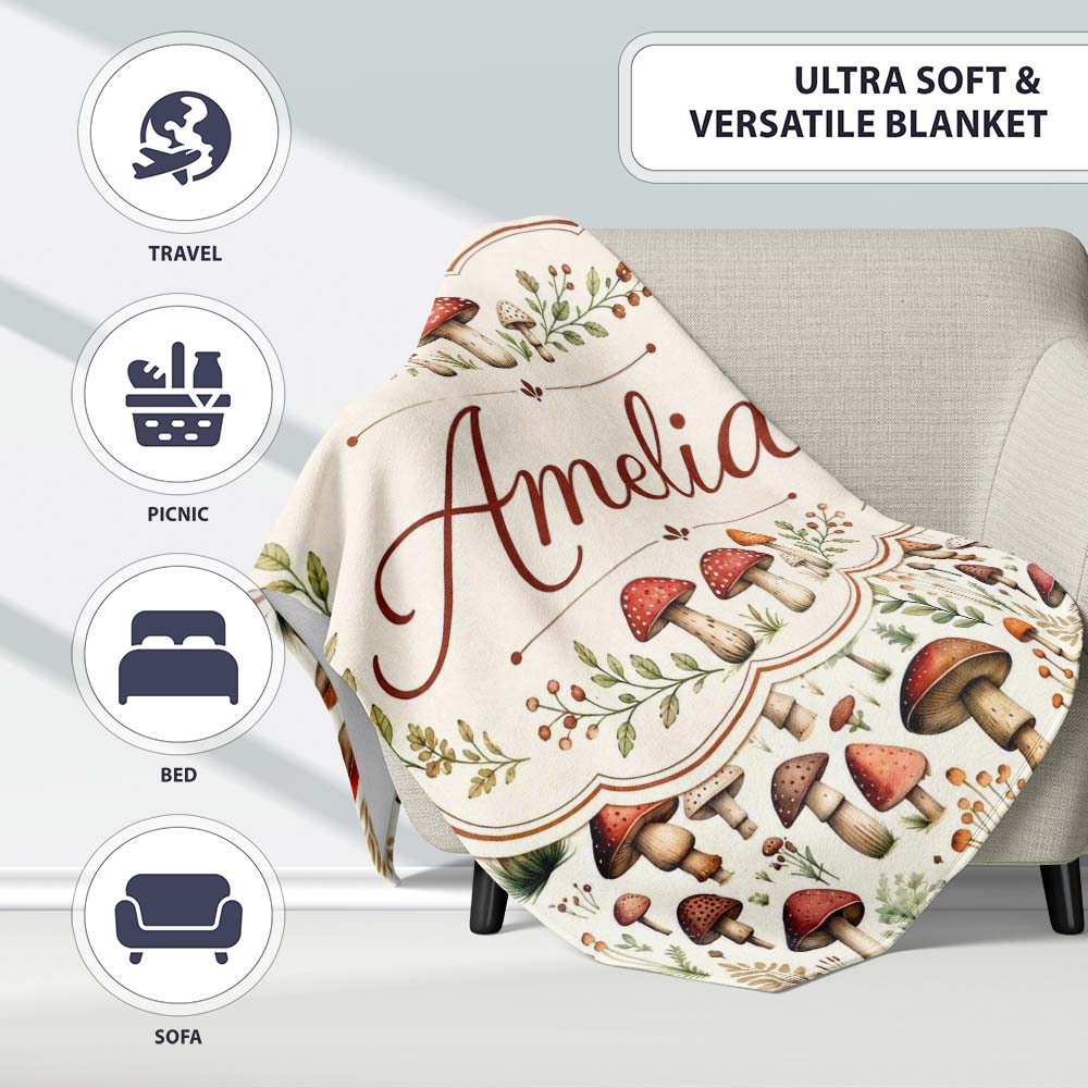 Autumn Woodland Mushroom Leaves Botanical Seamless Pattern Name Cute  Personalised Custom Name Super Soft Fleece Blanket Bed Sofa Throw