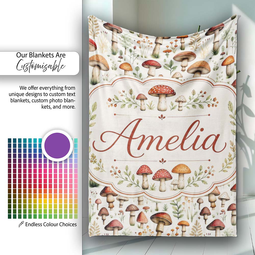 Autumn Woodland Mushroom Leaves Botanical Seamless Pattern Name Cute  Personalised Custom Name Super Soft Fleece Blanket Bed Sofa Throw