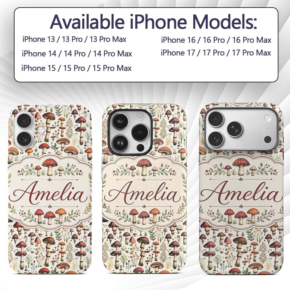 Autumn Woodland Mushroom Leaves Printed Design Custom Name Protective Phone Case Mobile Cover Durable Everyday Smartphone Shock Resistant