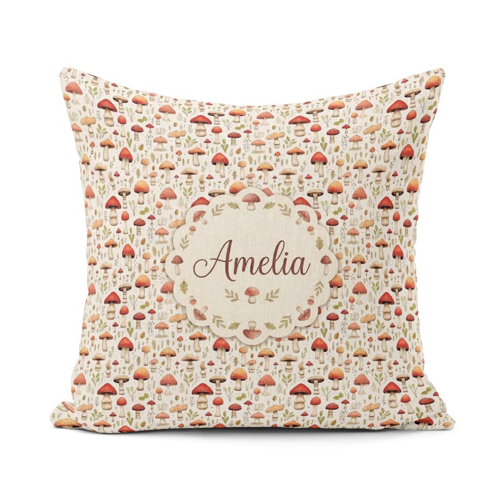Custom Name Neutral Earth Tone Mushroom Botanical Seamless Name Square Filled Cushion Throw Pillow Sofa Bed Home Decor Zip Washable UK Made