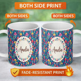 Personalized Custom Name Vibrant Neon Fantasy Mushroom Forest Seamless Pattern Name Cute 11oz Ceramic Coffee Tea Mug White Large Handle