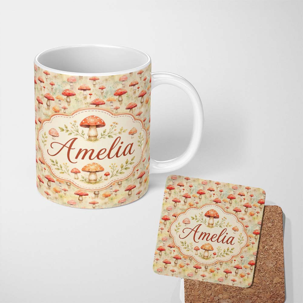 Personalized Custom Name Soft Watercolor Red Mushroom Nature Seamless Pattern Name Cute 11oz Ceramic Coffee Tea Mug White Large Handle