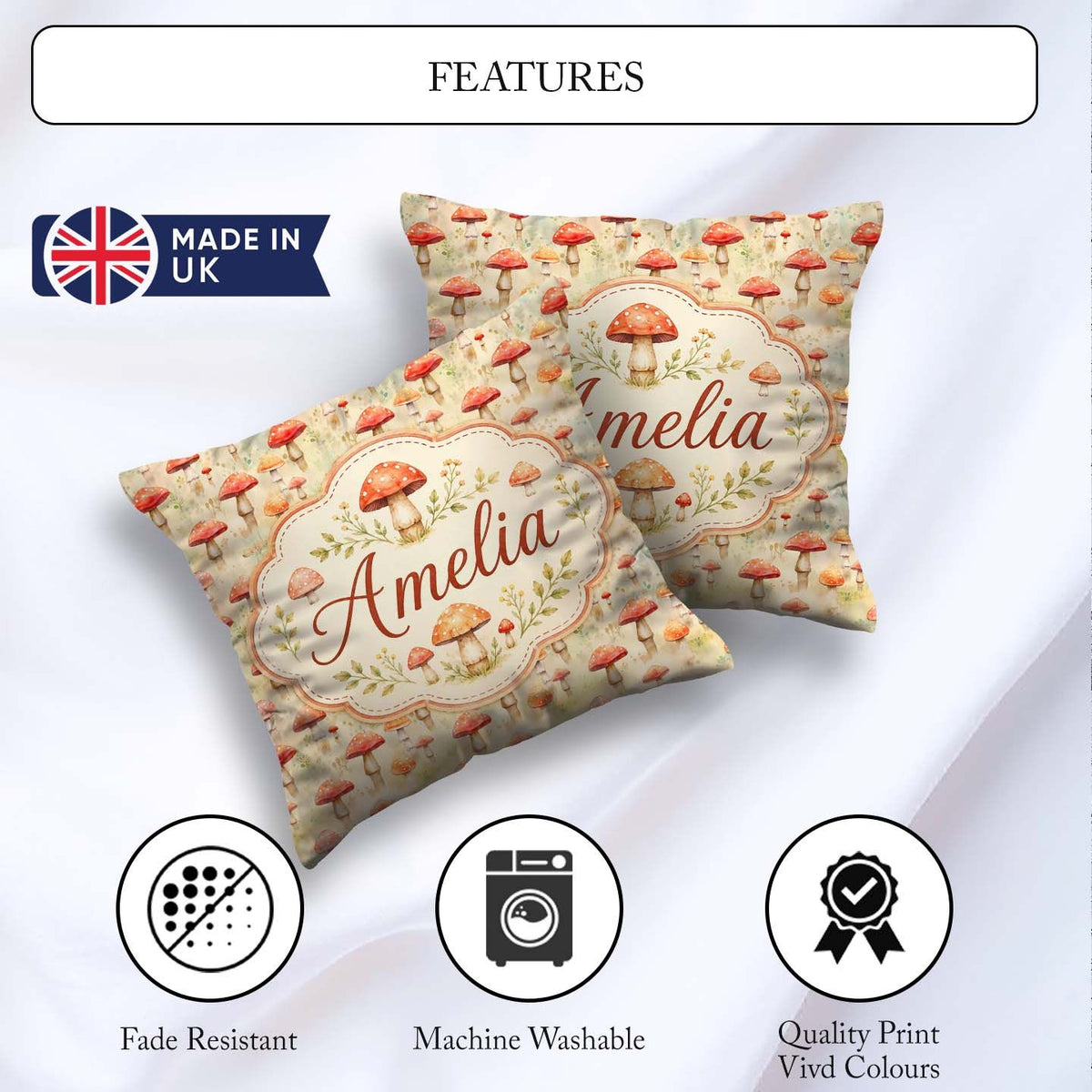Custom Name Soft Red Mushroom Nature Seamless Pattern Name Cute Square Filled Cushion Throw Pillow Sofa Bed Home Decor Zip Washable UK Made