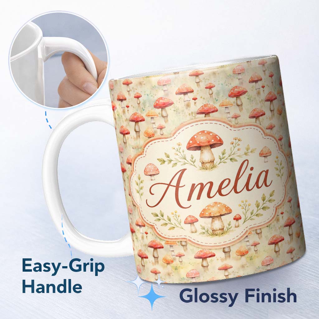 Personalized Custom Name Soft Watercolor Red Mushroom Nature Seamless Pattern Name Cute 11oz Ceramic Coffee Tea Mug White Large Handle