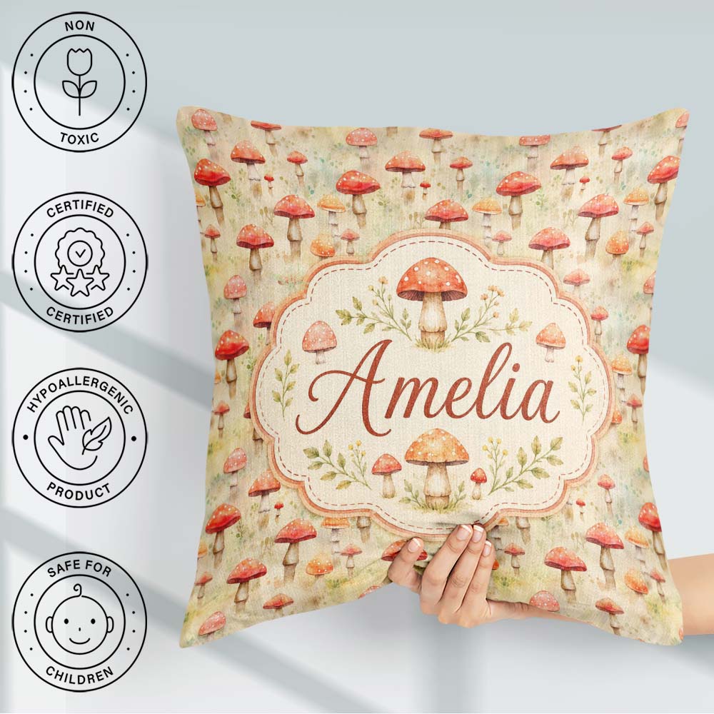 Custom Name Soft Red Mushroom Nature Seamless Pattern Name Cute Square Filled Cushion Throw Pillow Sofa Bed Home Decor Zip Washable UK Made