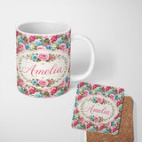 Personalized Custom Name Elegant Pink Blue Rose Floral Seamless Pattern Name Cute Unique Gift 11oz Ceramic Coffee Tea Mug White Large Handle