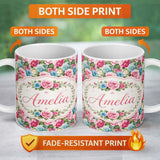 Personalized Custom Name Elegant Pink Blue Rose Floral Seamless Pattern Name Cute Unique Gift 11oz Ceramic Coffee Tea Mug White Large Handle