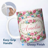Personalized Custom Name Elegant Pink Blue Rose Floral Seamless Pattern Name Cute Unique Gift 11oz Ceramic Coffee Tea Mug White Large Handle