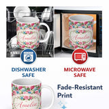 Personalized Custom Name Elegant Pink Blue Rose Floral Seamless Pattern Name Cute Unique Gift 11oz Ceramic Coffee Tea Mug White Large Handle