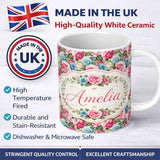 Personalized Custom Name Elegant Pink Blue Rose Floral Seamless Pattern Name Cute Unique Gift 11oz Ceramic Coffee Tea Mug White Large Handle