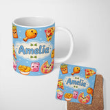 Personalized Custom Name Cute Kawaii Fast Food Pizza Chicken Soda Blue Background Seamless 11oz Ceramic Coffee Tea Mug White Large Handle