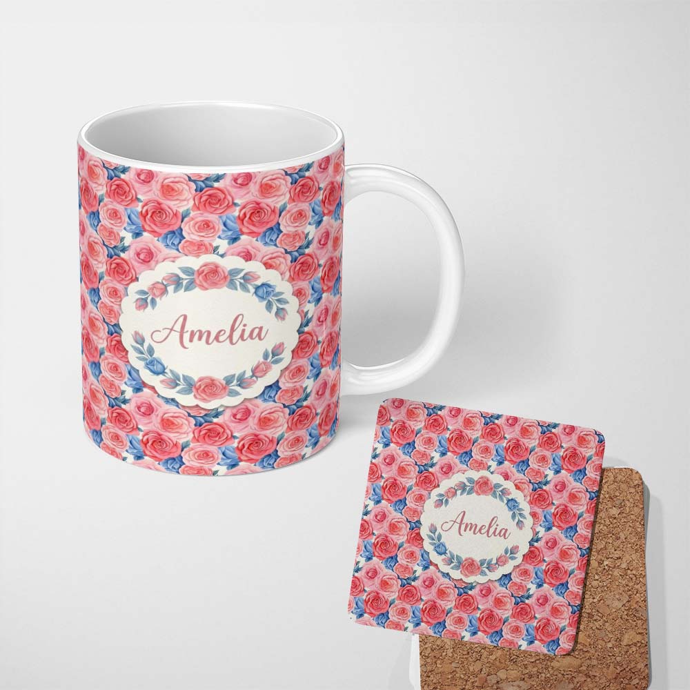 Personalized Custom Name Soft Pink Blue Rose Floral Seamless Pattern Name Cute Unique Gift 11oz Ceramic Coffee Tea Mug White Large Handle