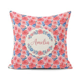 Custom Name Soft Pink Blue Rose Floral Seamless Pattern Name Square Filled Cushion Throw Pillow Sofa Bed Home Decor Zip Washable UK Made