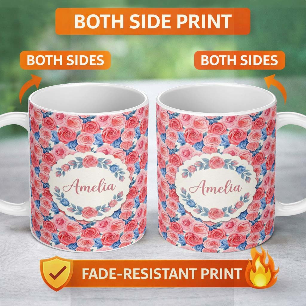 Personalized Custom Name Soft Pink Blue Rose Floral Seamless Pattern Name Cute Unique Gift 11oz Ceramic Coffee Tea Mug White Large Handle