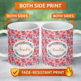 Personalized Custom Name Soft Pink Blue Rose Floral Seamless Pattern Name Cute Unique Gift 11oz Ceramic Coffee Tea Mug White Large Handle