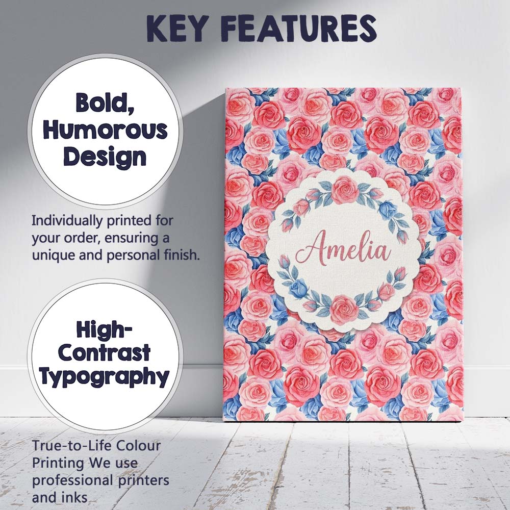 Personalised Name Soft Pink Blue Rose Custom Modern Room Accent Creative Decorator Style Canvas Wall Art Print Decor Picture Ready to Hang