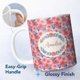 Personalized Custom Name Soft Pink Blue Rose Floral Seamless Pattern Name Cute Unique Gift 11oz Ceramic Coffee Tea Mug White Large Handle