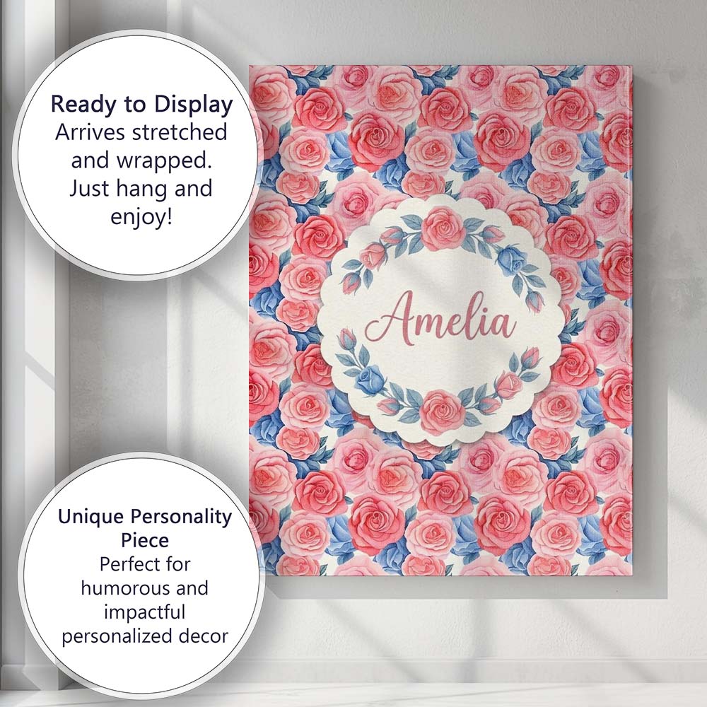 Personalised Name Soft Pink Blue Rose Custom Modern Room Accent Creative Decorator Style Canvas Wall Art Print Decor Picture Ready to Hang