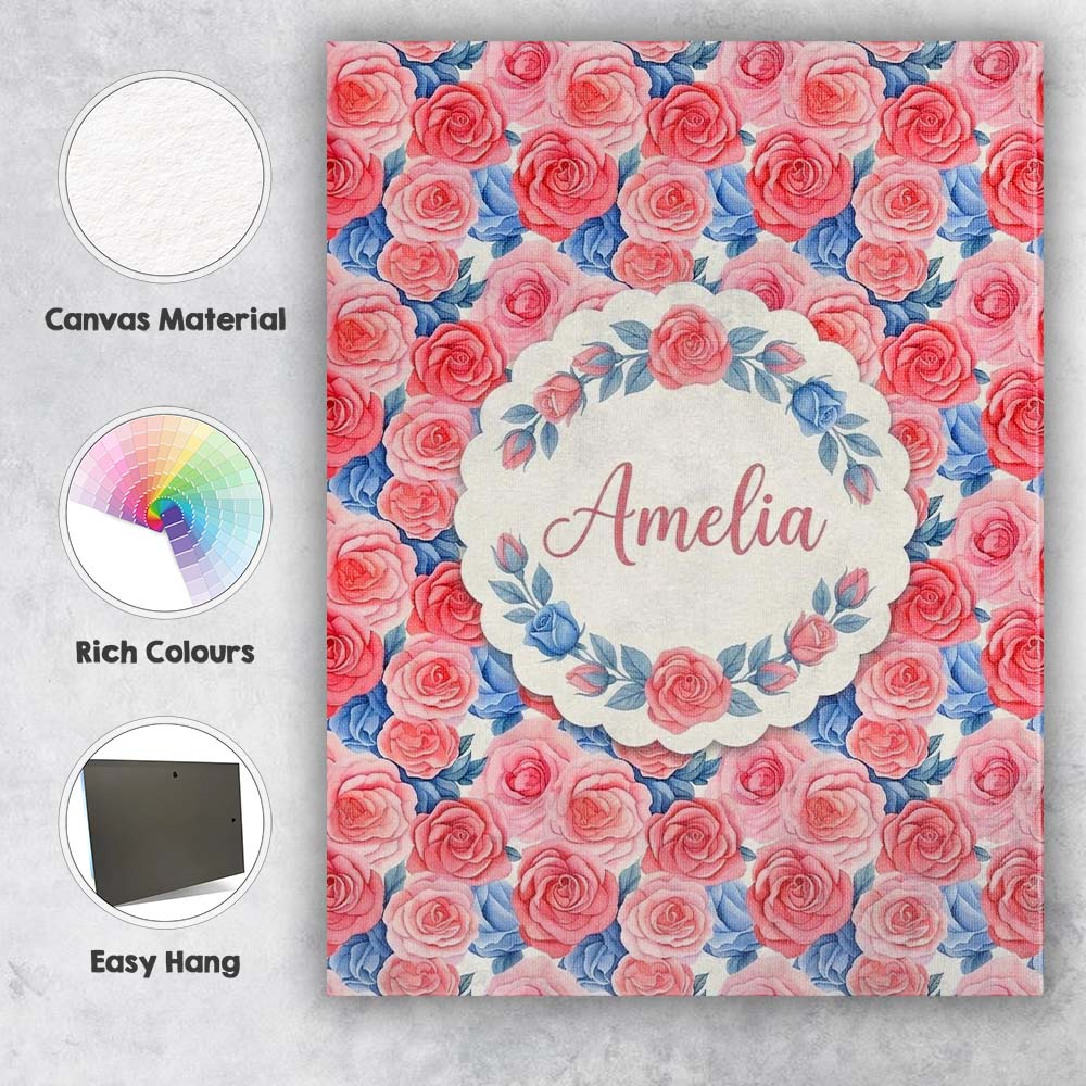 Personalised Name Soft Pink Blue Rose Custom Modern Room Accent Creative Decorator Style Canvas Wall Art Print Decor Picture Ready to Hang