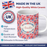 Personalized Custom Name Soft Pink Blue Rose Floral Seamless Pattern Name Cute Unique Gift 11oz Ceramic Coffee Tea Mug White Large Handle