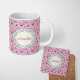 Personalized Custom Name Romantic Watercolor Roses Floral Garden Seamless Pattern Name Cute 11oz Ceramic Coffee Tea Mug White Large Handle