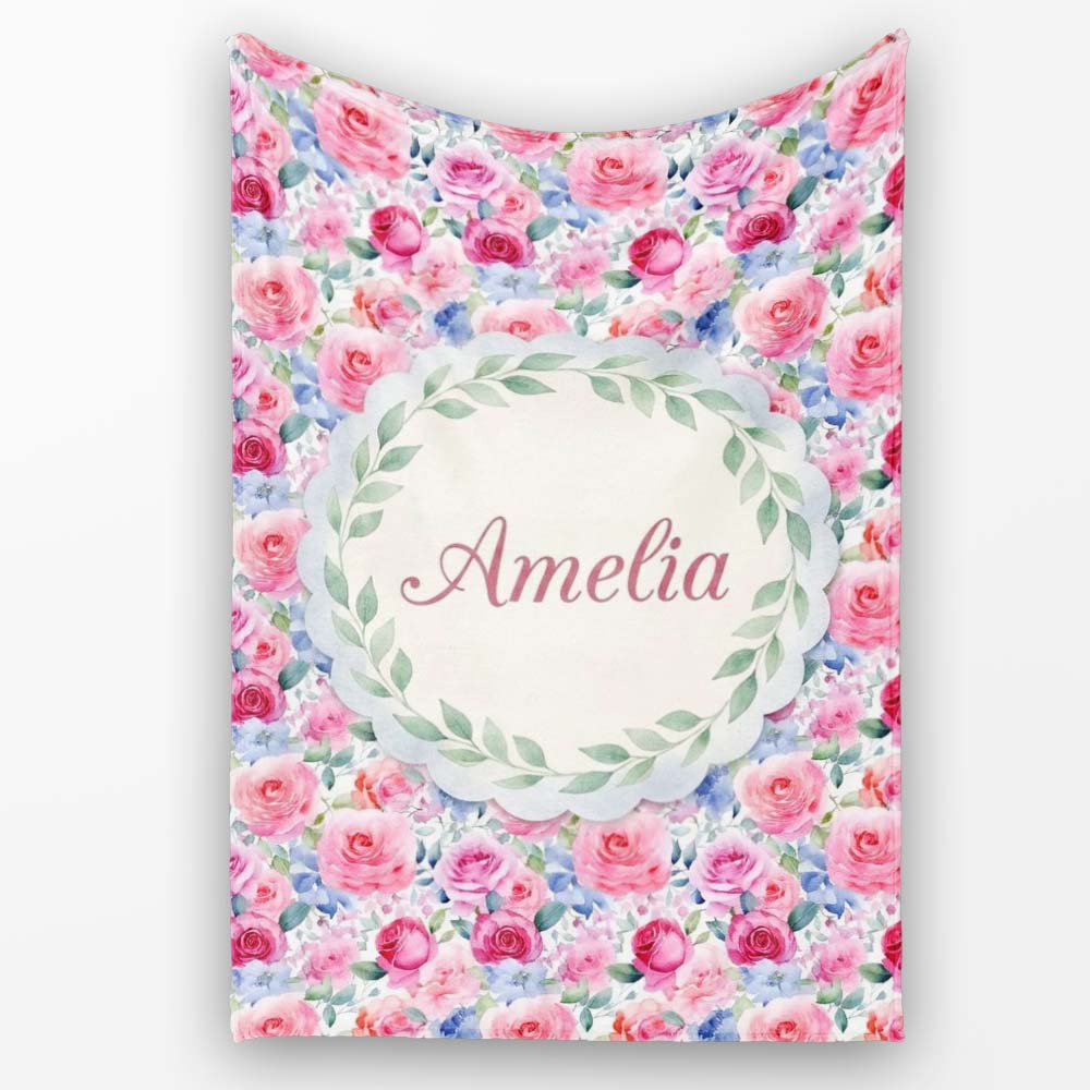 Romantic Watercolor Roses Floral Garden Seamless Pattern Name Cute  Personalised Custom Name Super Soft Fleece Blanket Bed Sofa Throw