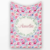 Romantic Watercolor Roses Floral Garden Seamless Pattern Name Cute  Personalised Custom Name Super Soft Fleece Blanket Bed Sofa Throw