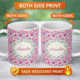 Personalized Custom Name Romantic Watercolor Roses Floral Garden Seamless Pattern Name Cute 11oz Ceramic Coffee Tea Mug White Large Handle