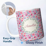 Personalized Custom Name Romantic Watercolor Roses Floral Garden Seamless Pattern Name Cute 11oz Ceramic Coffee Tea Mug White Large Handle