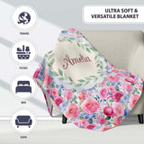 Romantic Watercolor Roses Floral Garden Seamless Pattern Name Cute  Personalised Custom Name Super Soft Fleece Blanket Bed Sofa Throw