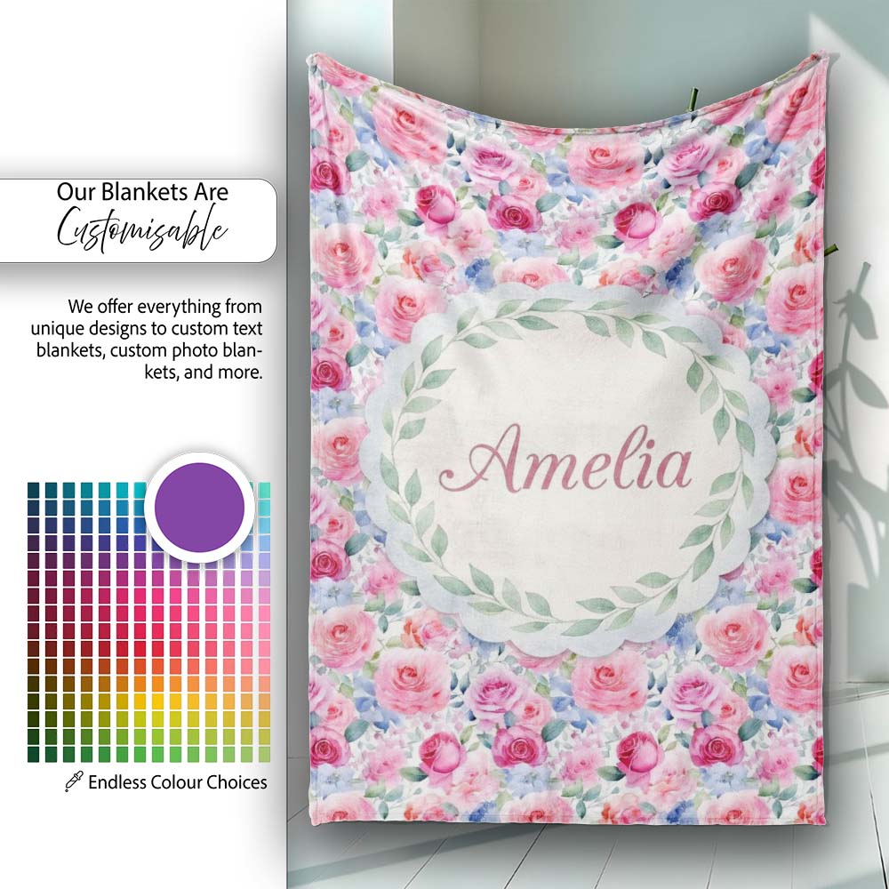 Romantic Watercolor Roses Floral Garden Seamless Pattern Name Cute  Personalised Custom Name Super Soft Fleece Blanket Bed Sofa Throw