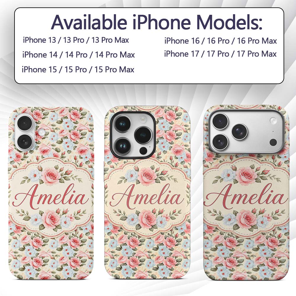 Vintage Rose Blossom Floral Botanical Seamless Custom Name Protective Phone Case Mobile Cover Durable Everyday Smartphone Shock Resistant