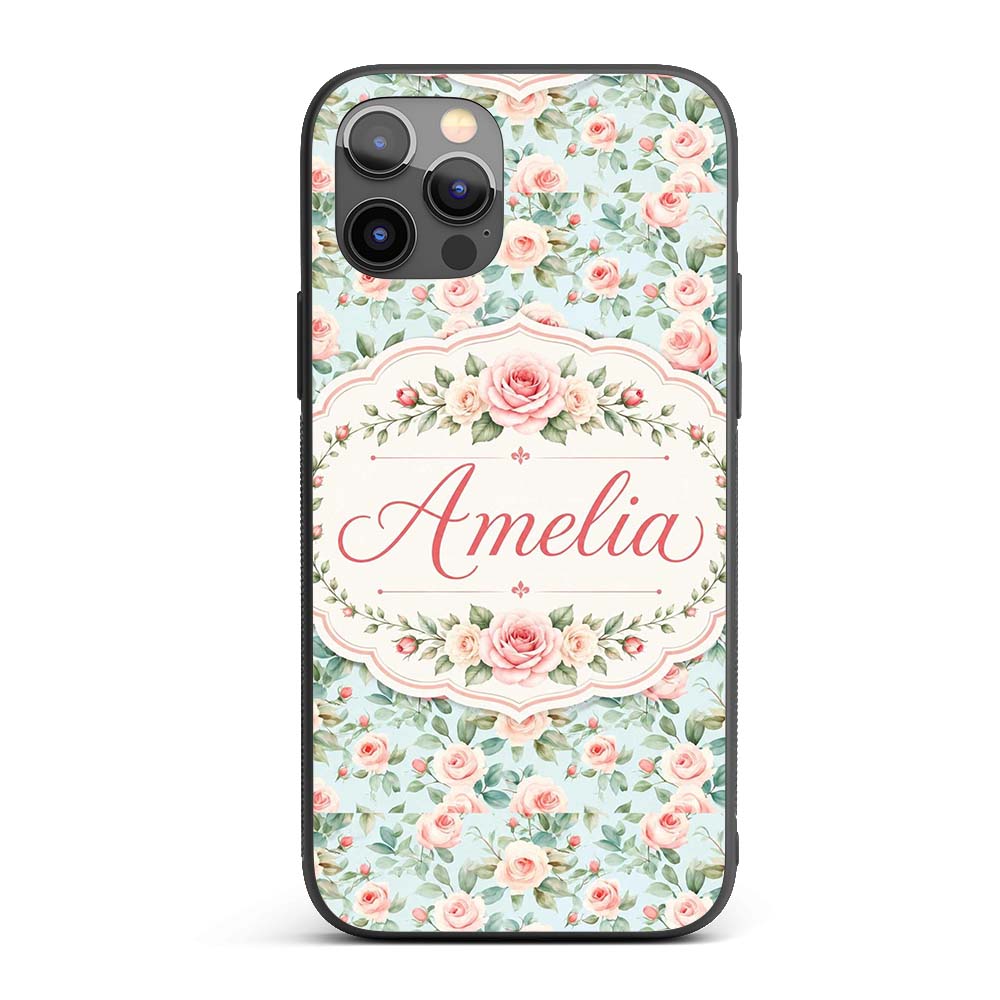 Pastel Rose Leaf Elegant Floral Seamless Pattern Custom Name Protective Phone Case Mobile Cover Durable Everyday Smartphone Shock Resistant
