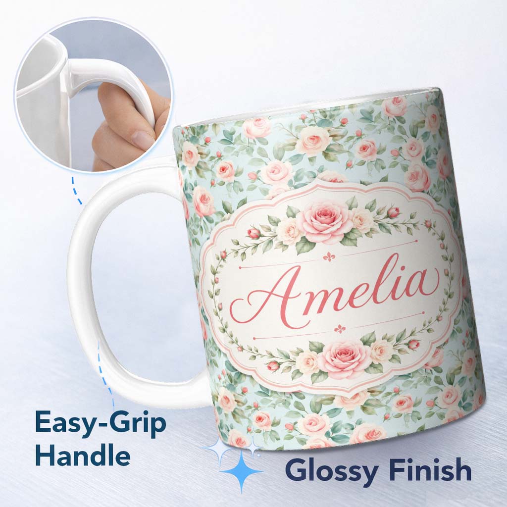 Personalized Custom Name Pastel Rose Leaf Elegant Floral Seamless Pattern Name Cute Unique 11oz Ceramic Coffee Tea Mug White Large Handle
