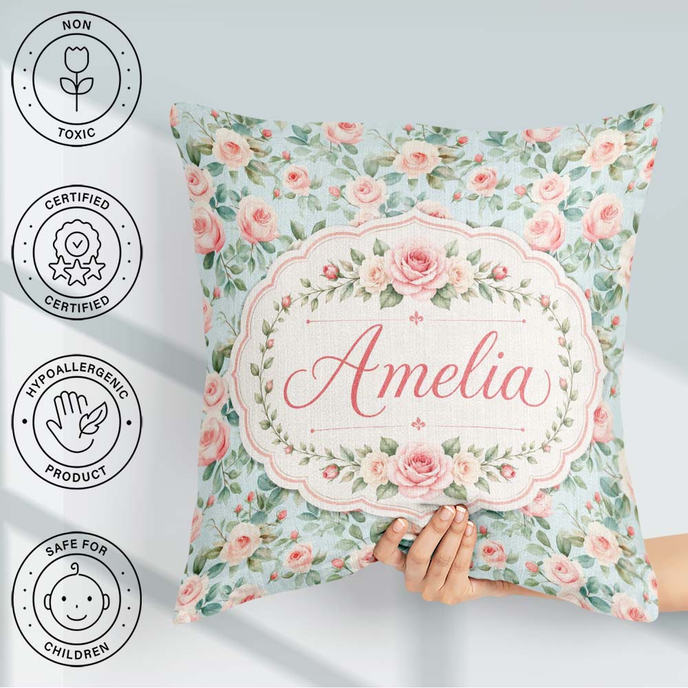 Custom Name Pastel Rose Leaf Elegant Seamless Pattern Name Cute Square Filled Cushion Throw Pillow Sofa Bed Home Decor Zip Washable UK Made