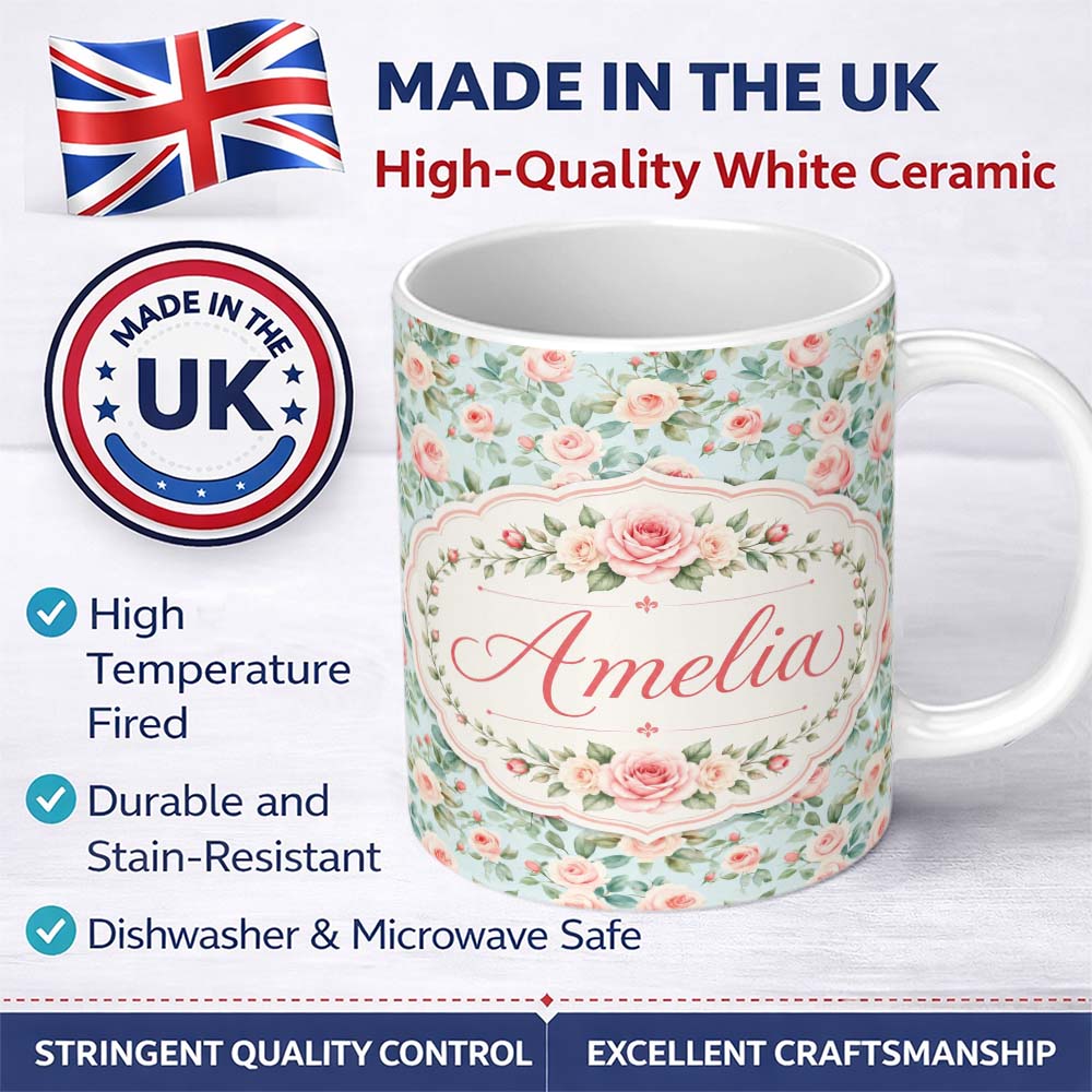 Personalized Custom Name Pastel Rose Leaf Elegant Floral Seamless Pattern Name Cute Unique 11oz Ceramic Coffee Tea Mug White Large Handle