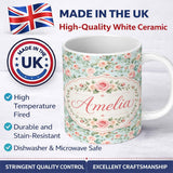 Personalized Custom Name Pastel Rose Leaf Elegant Floral Seamless Pattern Name Cute Unique 11oz Ceramic Coffee Tea Mug White Large Handle
