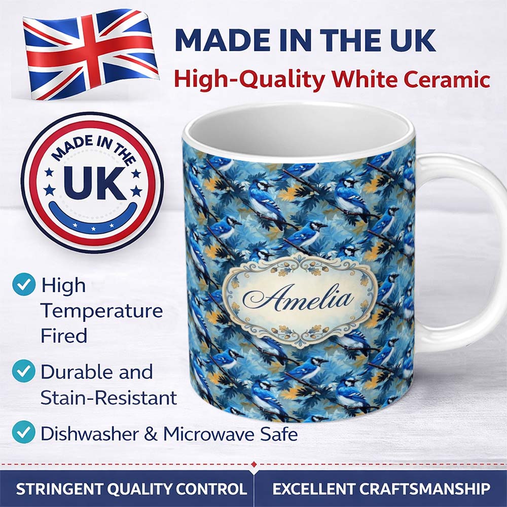 Personalized Custom Name Blue Jay Bird Artistic Foliage Painterly Botanical Wildlife Design 11oz Ceramic Coffee Tea Mug White Large Handle