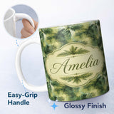 Personalized Custom Name Abstract Green Tropical Palm Leaf Brushstroke Pattern Lovely 11oz Ceramic Coffee Tea Mug White Large Handle
