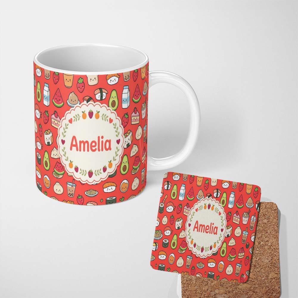 Personalized Custom Name Cute Kawaii Food Characters Seamless Pattern Red Background Fun 11oz Ceramic Coffee Tea Mug White Large Handle