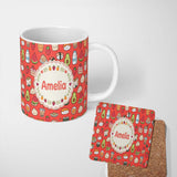Personalized Custom Name Cute Kawaii Food Characters Seamless Pattern Red Background Fun 11oz Ceramic Coffee Tea Mug White Large Handle