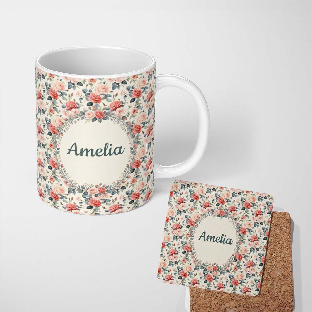 Personalized Custom Name Delicate Peach Rose Botanical Floral Seamless Pattern Name Cute 11oz Ceramic Coffee Tea Mug White Large Handle
