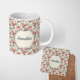 Personalized Custom Name Delicate Peach Rose Botanical Floral Seamless Pattern Name Cute 11oz Ceramic Coffee Tea Mug White Large Handle