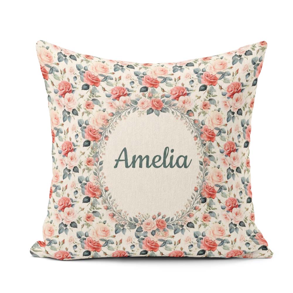 Custom Name Delicate Rose Botanical Floral Seamless Pattern Name Square Filled Cushion Throw Pillow Sofa Bed Home Decor Zip Washable UK Made