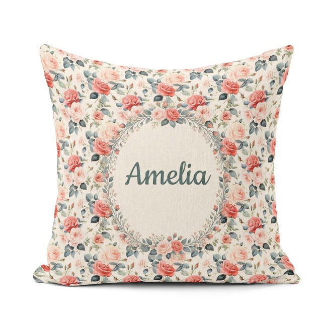Custom Name Delicate Rose Botanical Floral Seamless Pattern Name Square Filled Cushion Throw Pillow Sofa Bed Home Decor Zip Washable UK Made