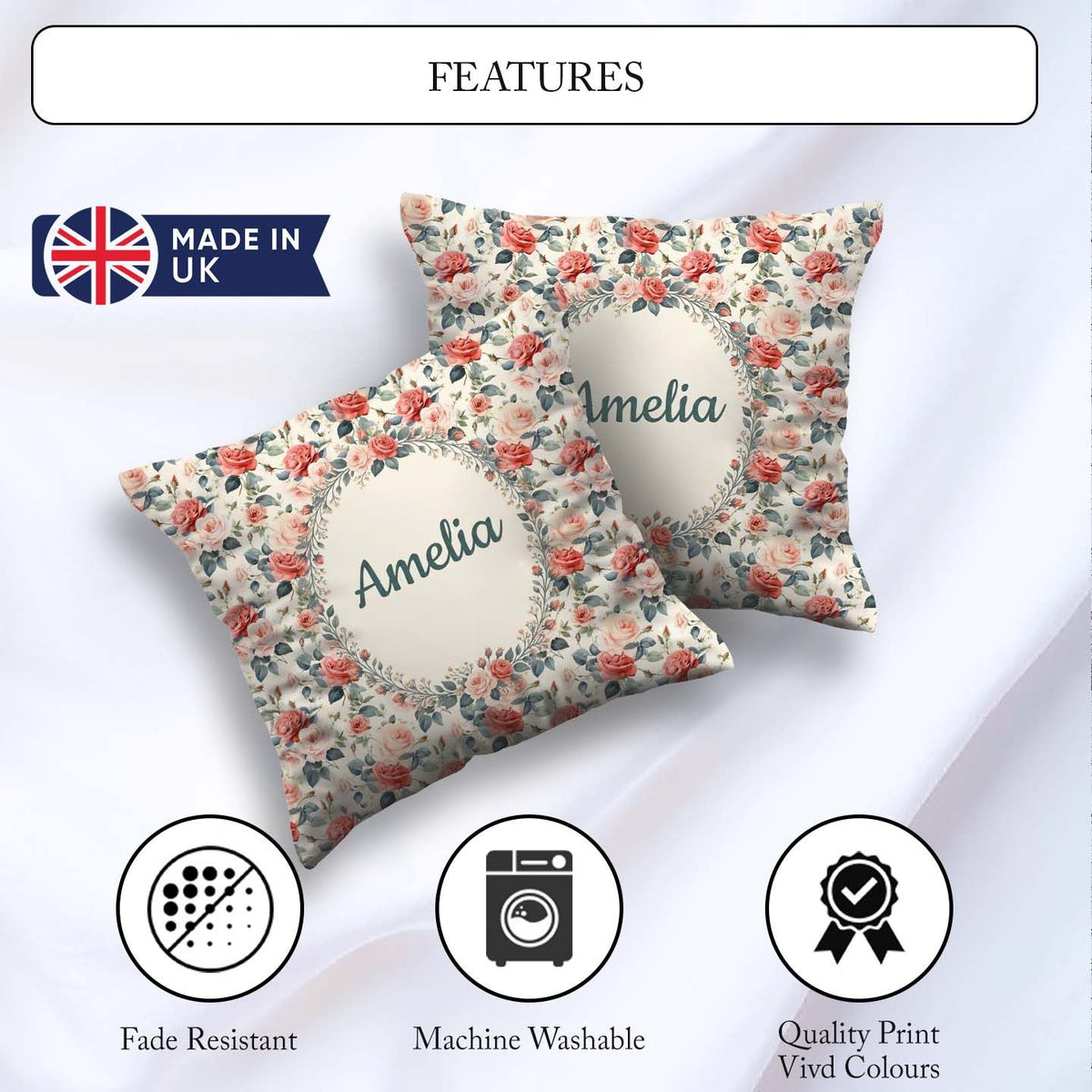 Custom Name Delicate Rose Botanical Floral Seamless Pattern Name Square Filled Cushion Throw Pillow Sofa Bed Home Decor Zip Washable UK Made